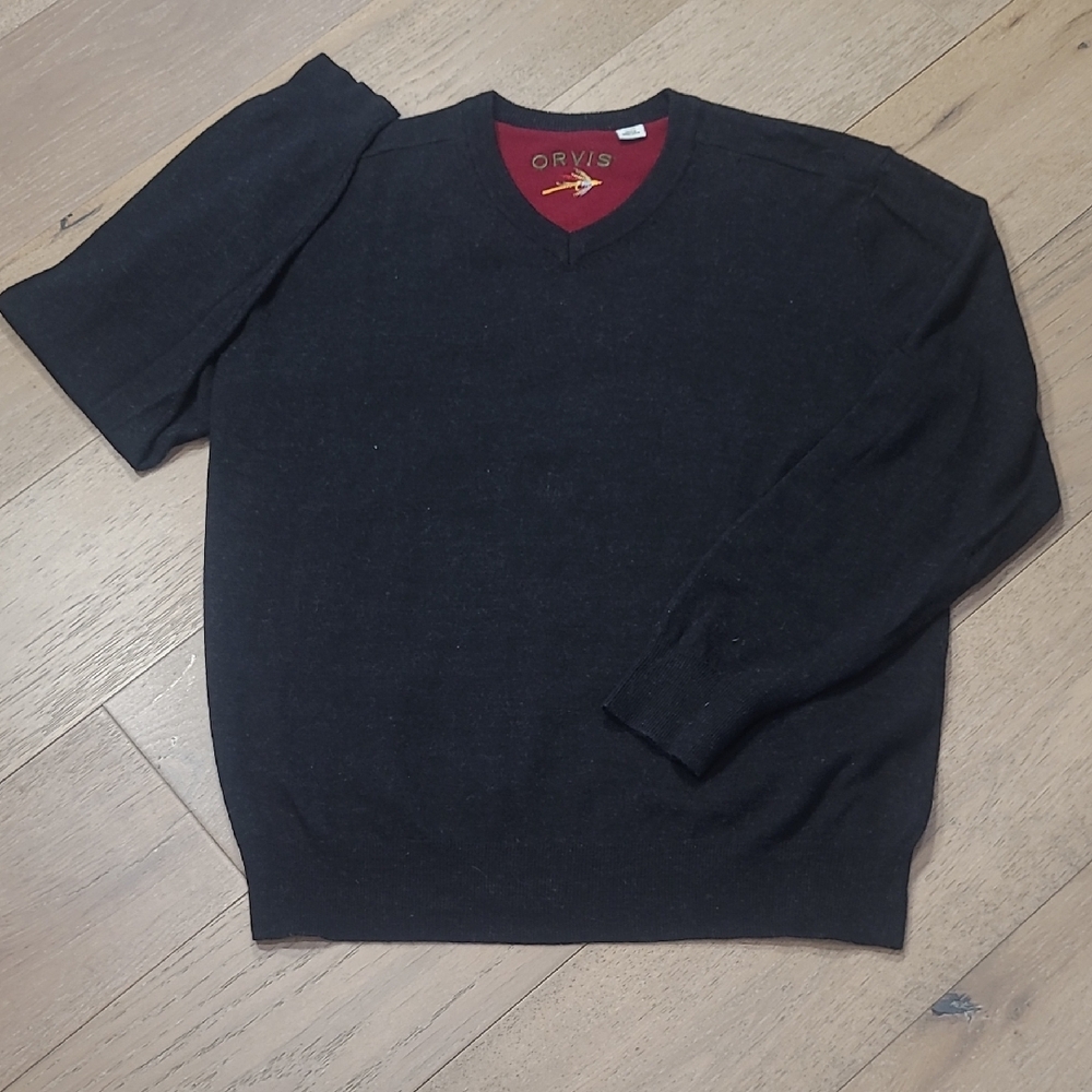 EUC Orvis Sweater Men's sz XL Black V-neck 100% Merino Wool Knit Sweater